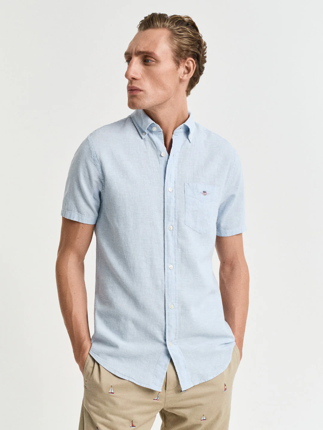 Gant Men Blue Solid Button-Down Collar Short Sleeves Shirt - Image 2