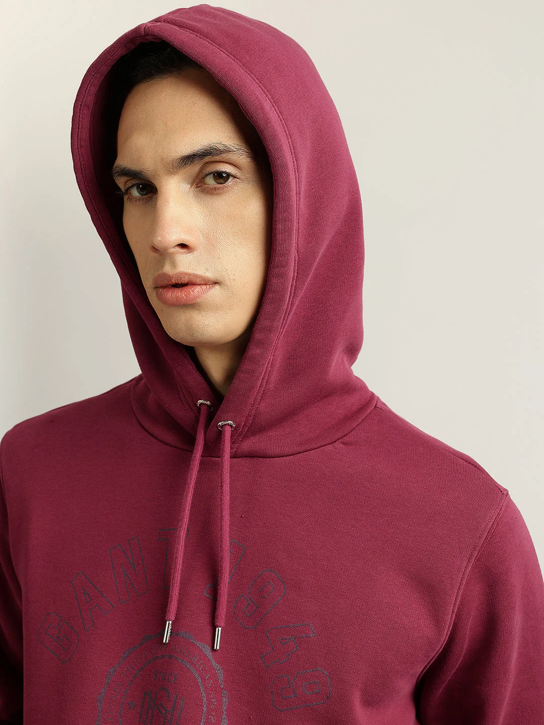 Gant Men Maroon Solid Hooded Full Sleeves Pullover Sweatshirt - Image 4