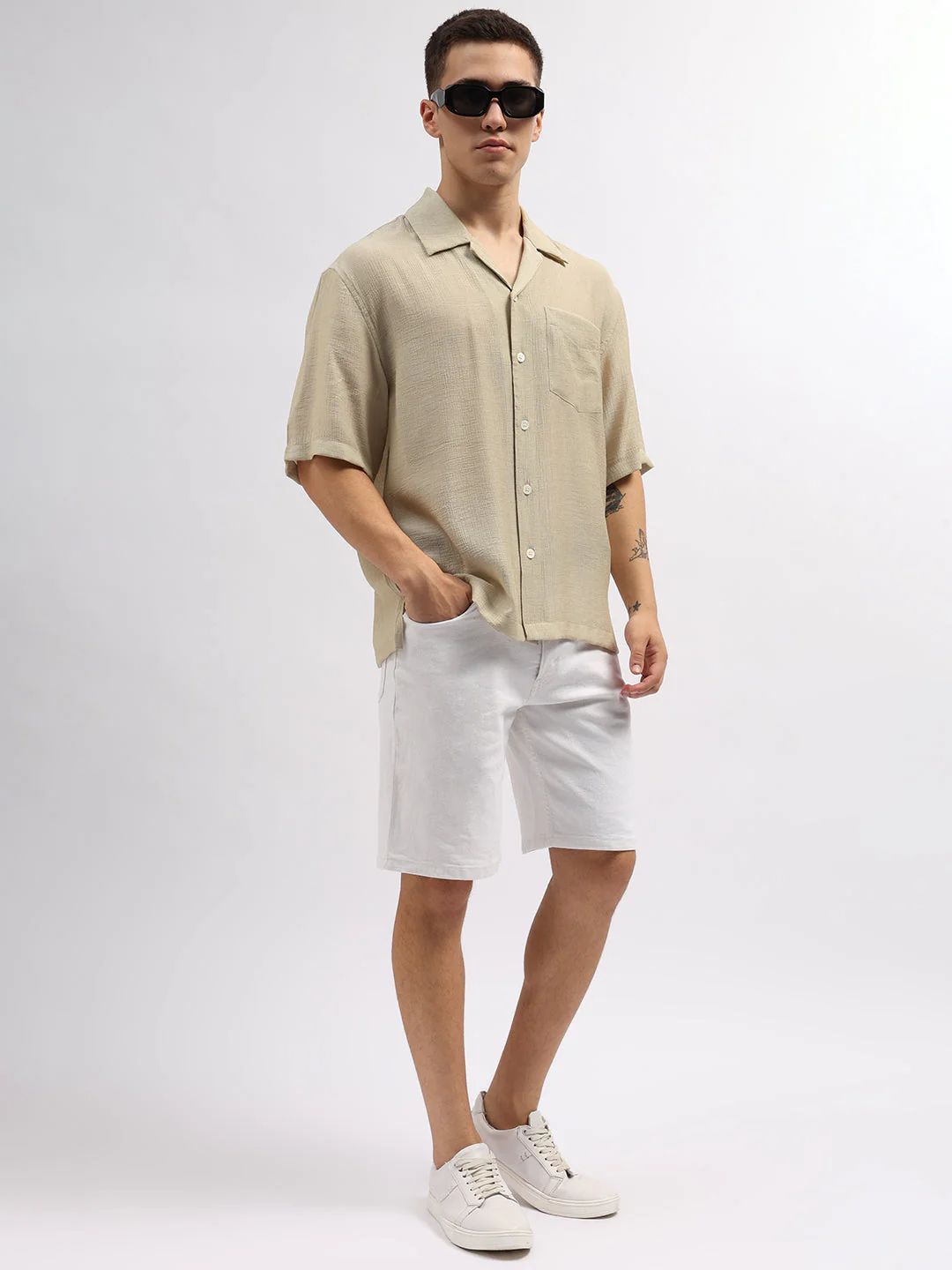 Gant Men Beige Solid Cuban Collar Short Sleeves Shirt - Image 5