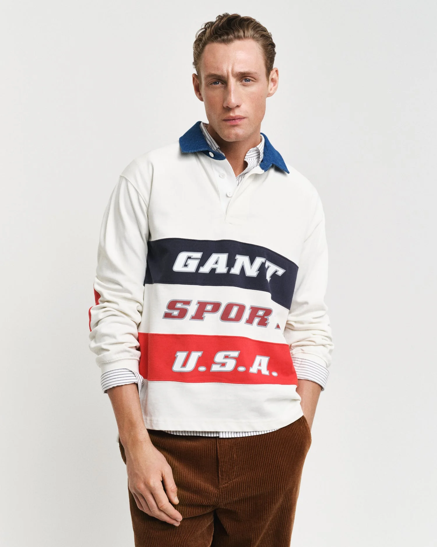 Gant Men White Printed Collared Full Sleeves Polo Tshirt