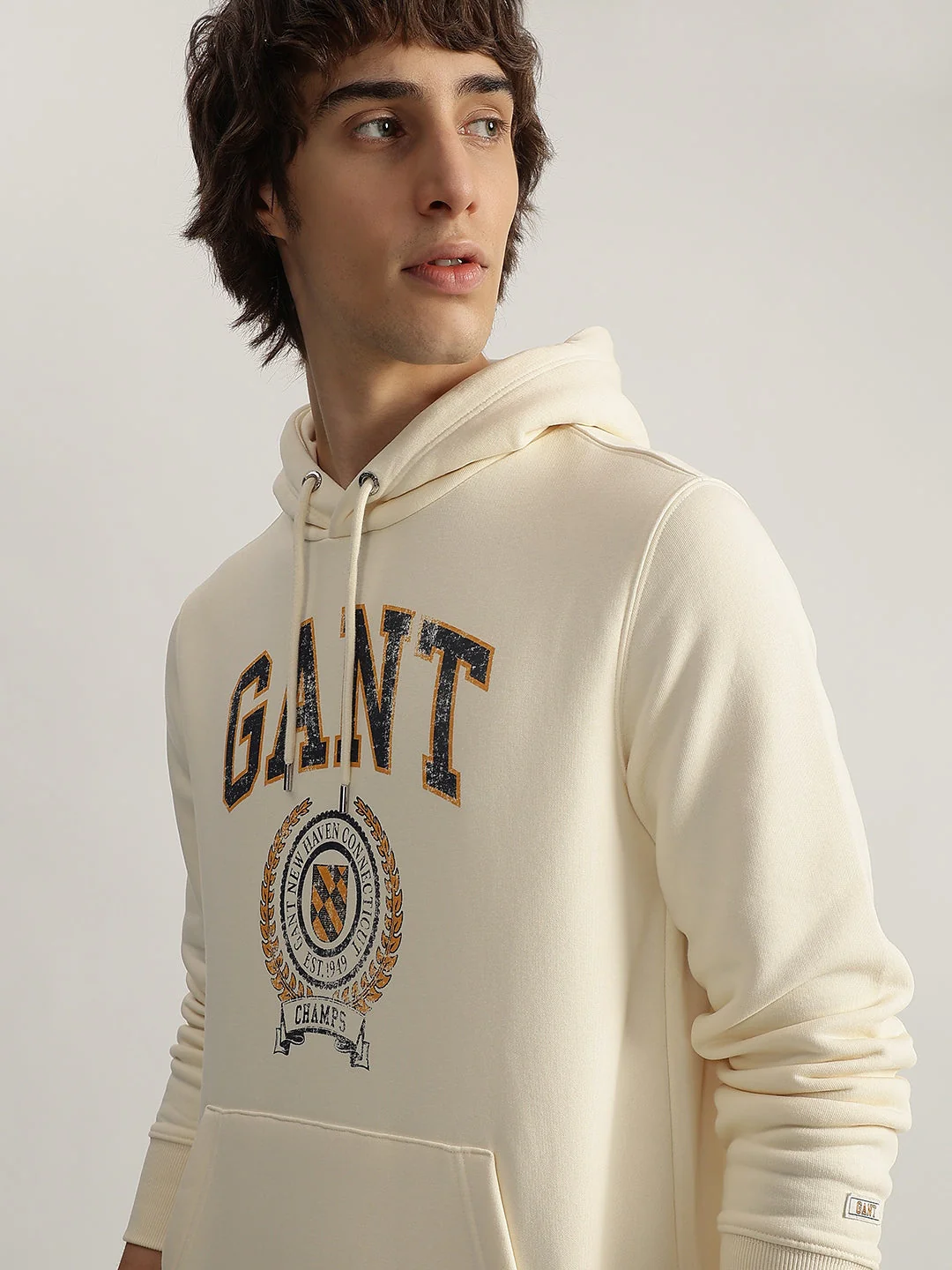 Gant Men Cream Printed Hooded Full Sleeves Pullover Style Sweatshirt - Image 5