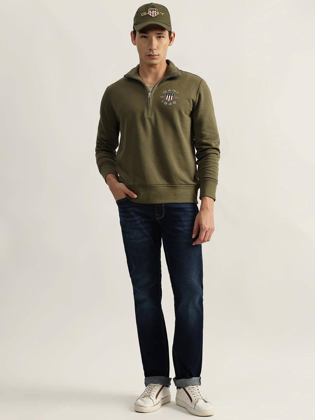 Gant Men Green Solid Collared Full Sleeves Pullover Style Sweatshirt - Image 3