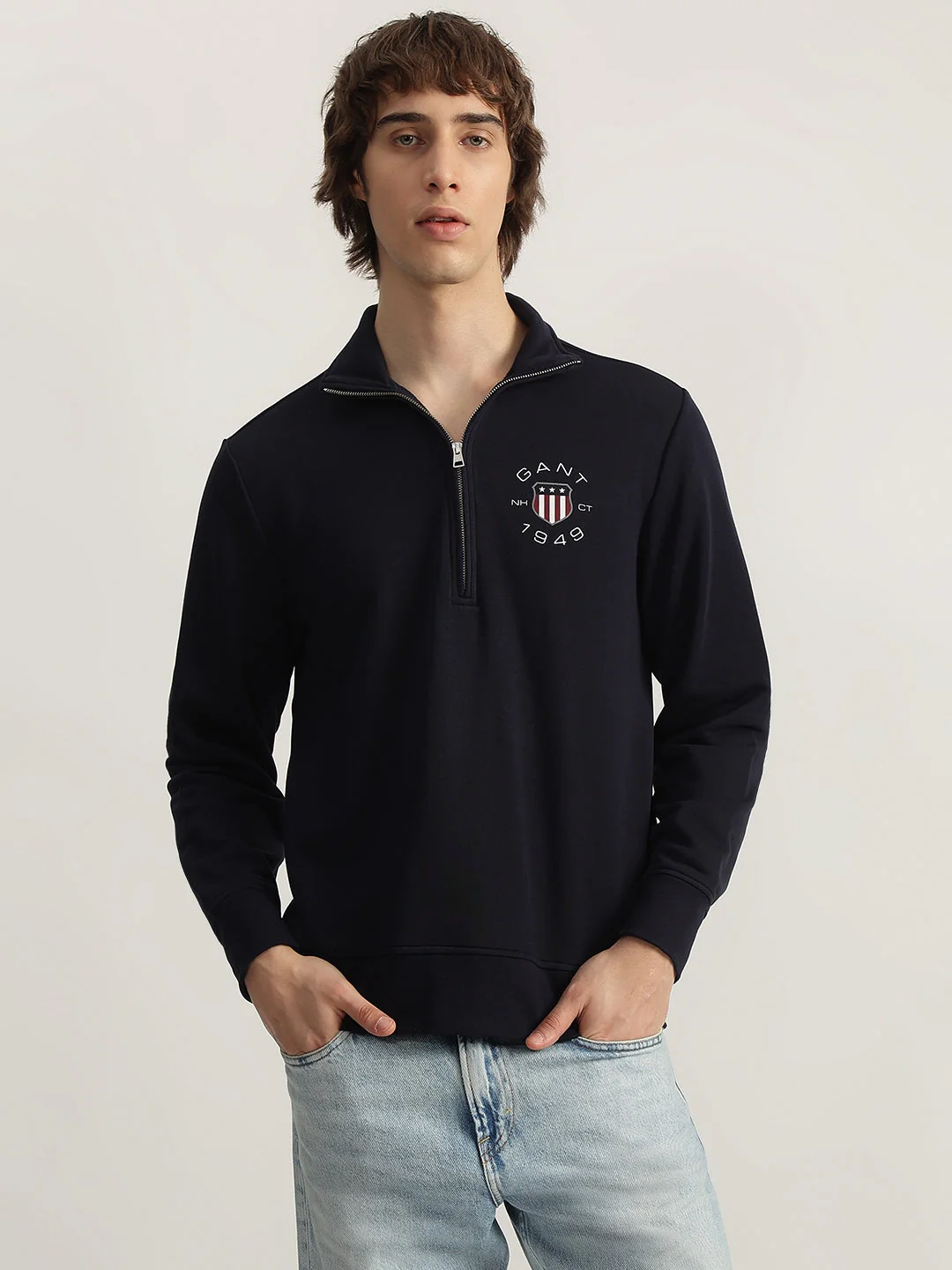 Gant Men Blue Solid Spread Collar Full Sleeves Pullover Style Sweatshirt