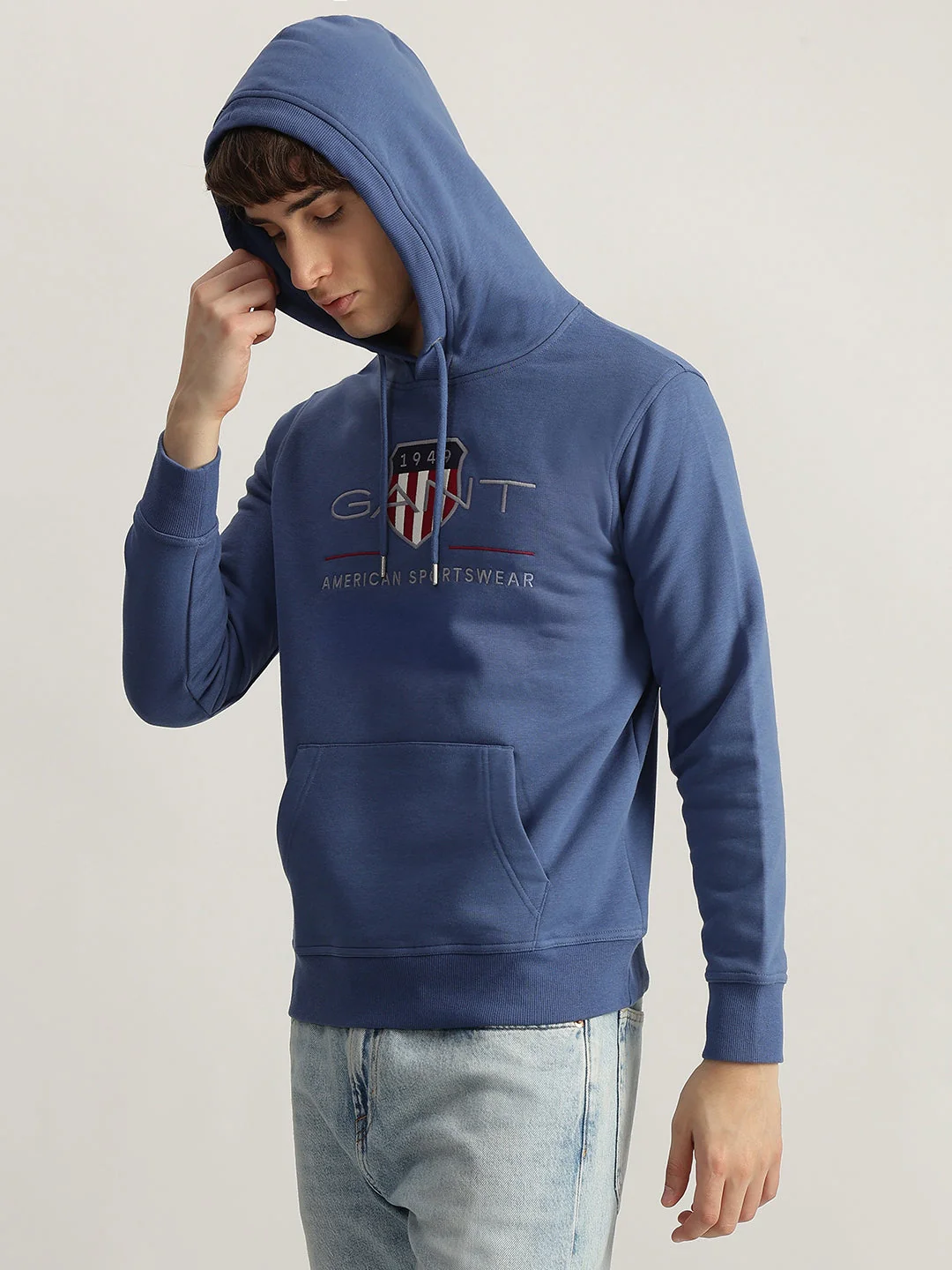 Gant Men Blue Embroidered Hooded Full Sleeves Pullover Style Sweatshirt - Image 2