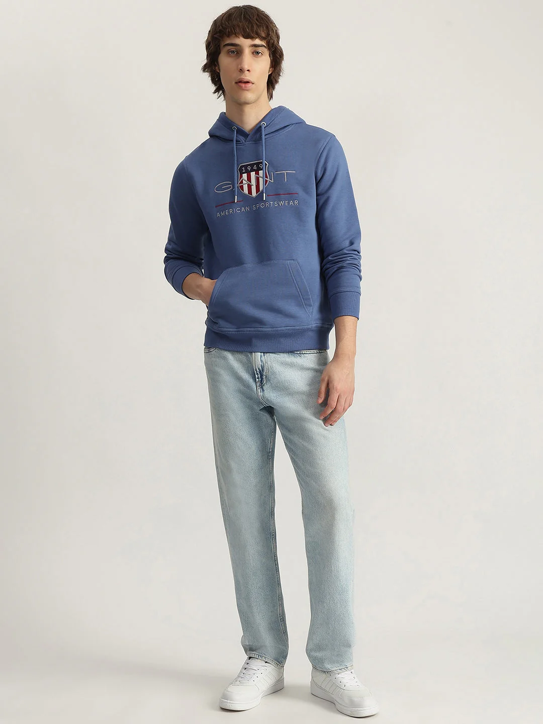 Gant Men Blue Embroidered Hooded Full Sleeves Pullover Style Sweatshirt - Image 4