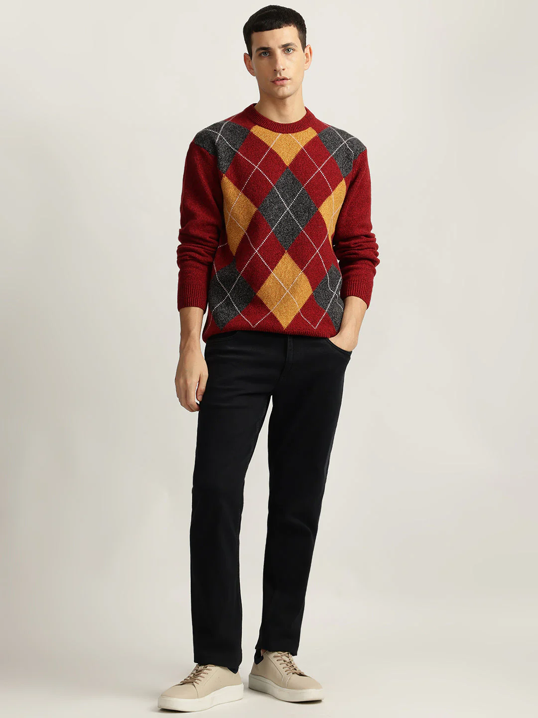 Gant Men Red Checked Round Neck Full Sleeves Sweater - Image 3