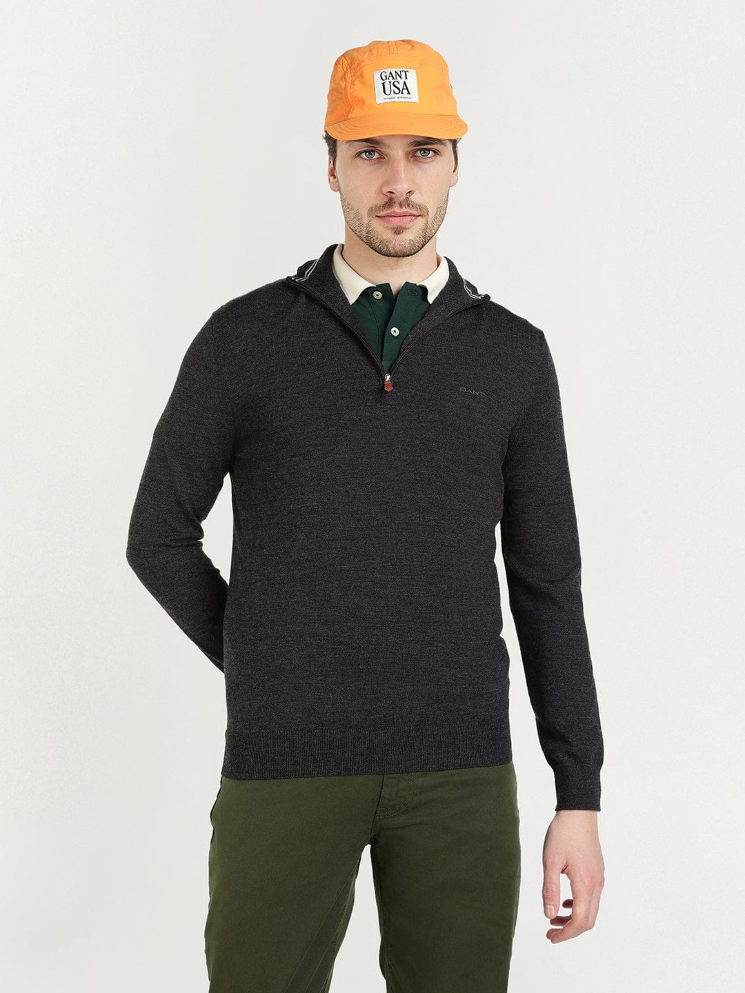 Gant Men Grey Solid Half Zip Sweater