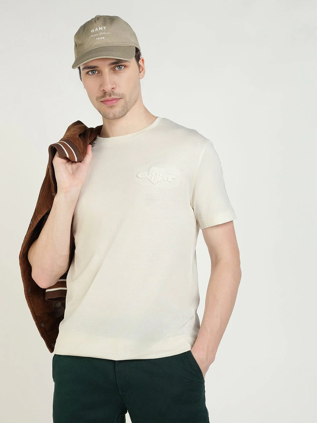 Gant Men Cream Solid Crew Neck Tshirt - Image 4