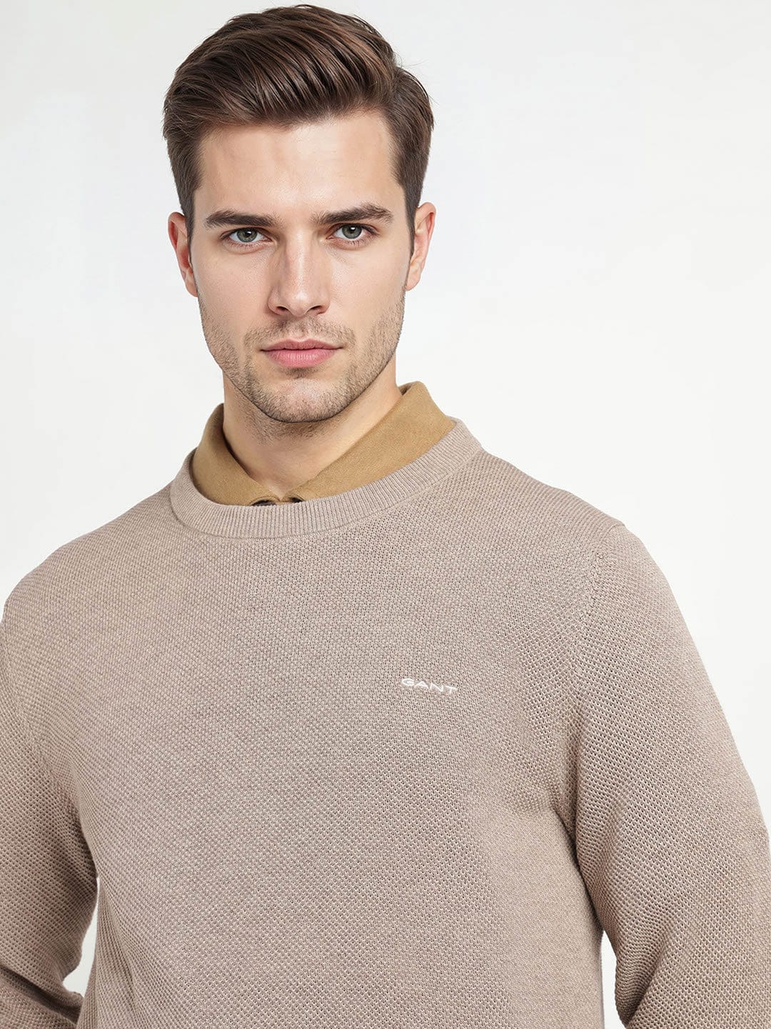 Gant Men Beige Solid Crew Neck Sweater - Image 5