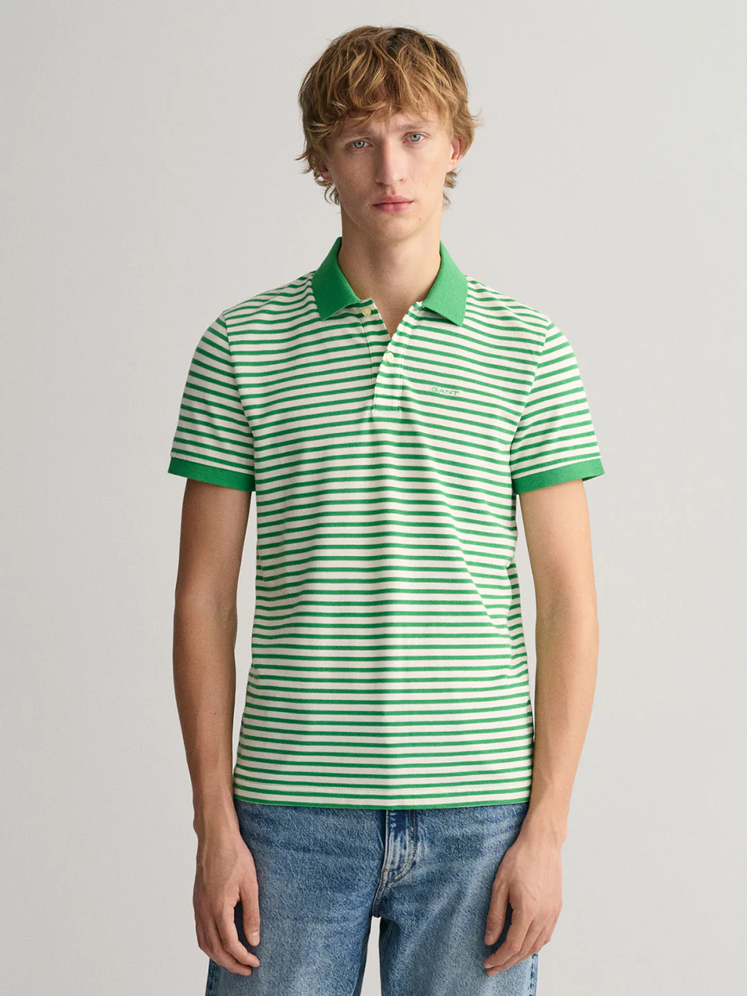 Gant Green Striped Regular Fit Pique Polo Tshirt