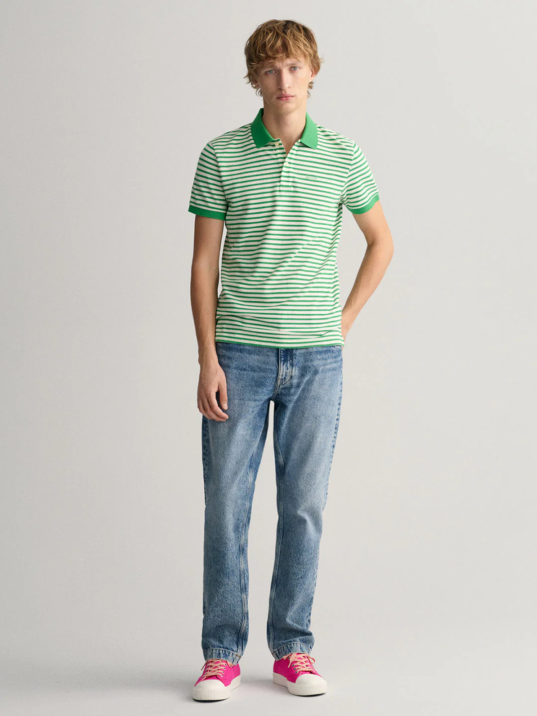 Gant Green Striped Regular Fit Pique Polo Tshirt - Image 2