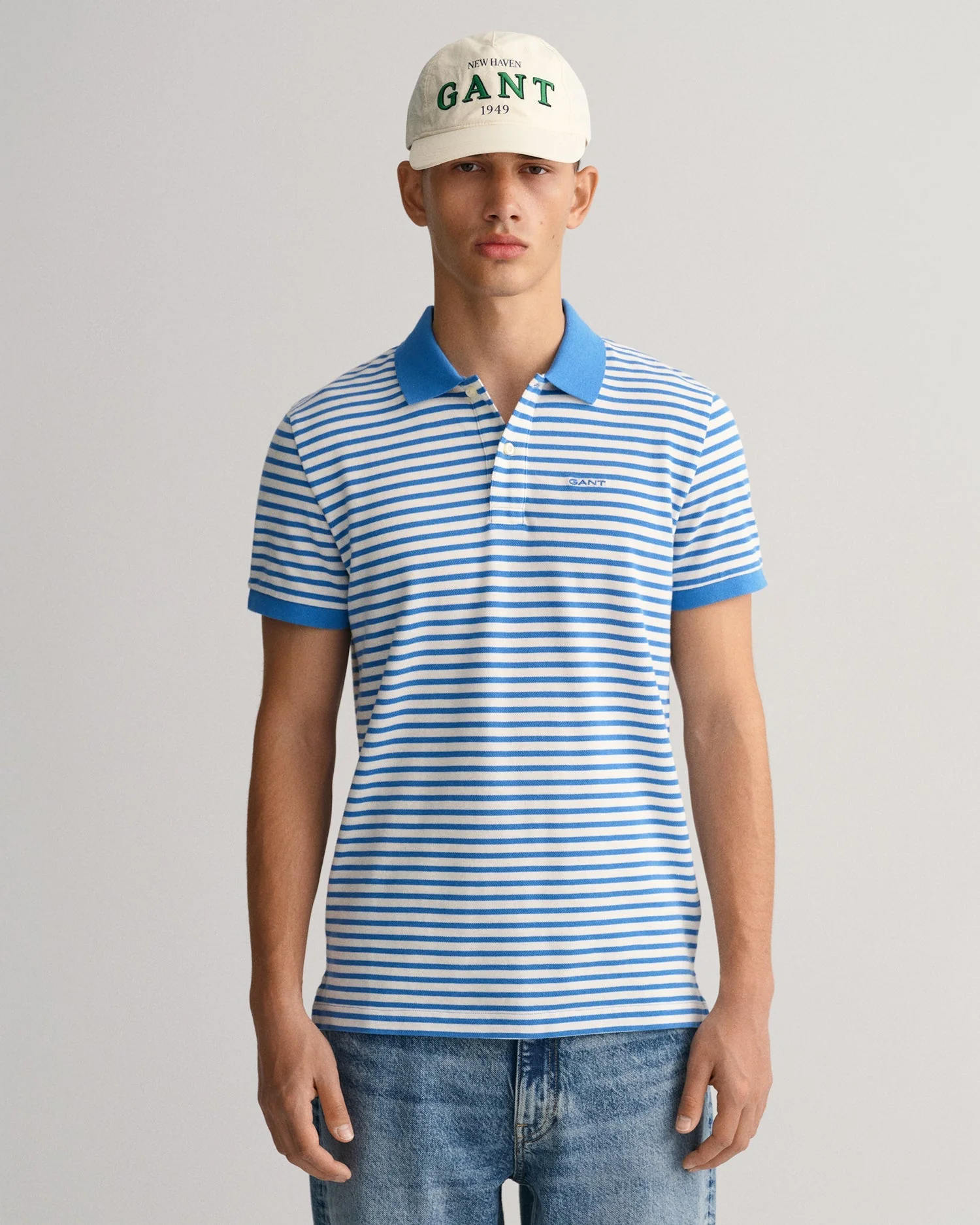 Gant Blue Striped Regular Fit Pique Polo Tshirt - Image 2