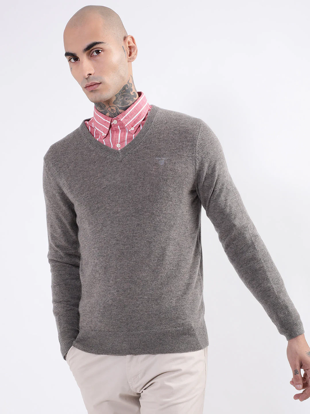 Gant Men Grey Solid V Neck Sweater - Image 3