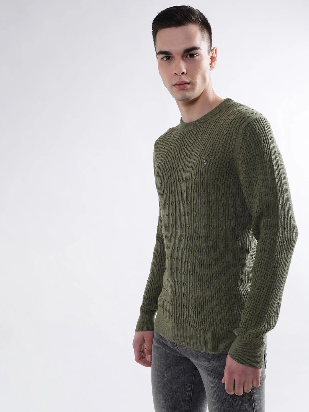 Gant Men Green Solid Round Neck Sweater - Image 3
