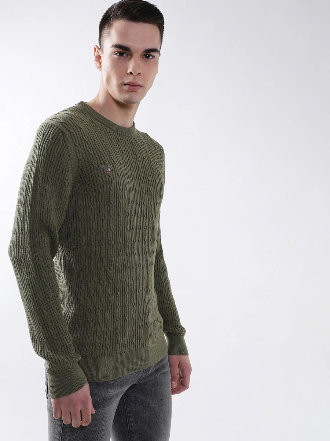 Gant Men Green Solid Round Neck Sweater - Image 4