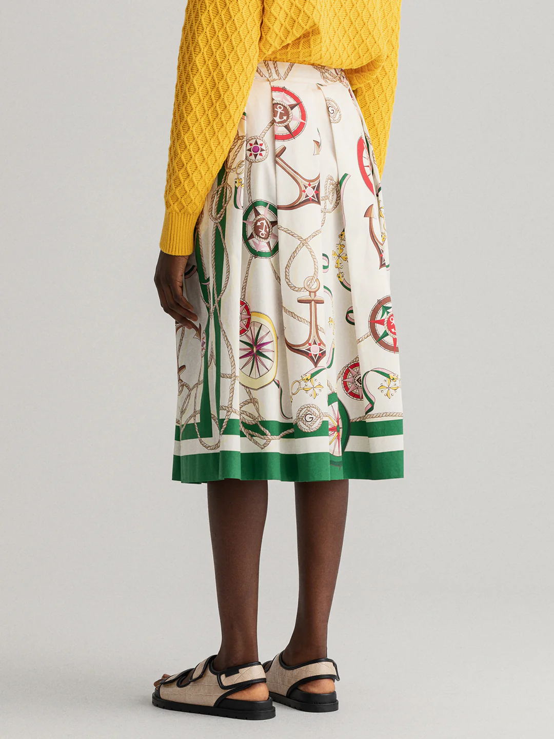 Gant Women White  Green Printed Pure Cotton Flared Midi Pleated Skirt - Image 2