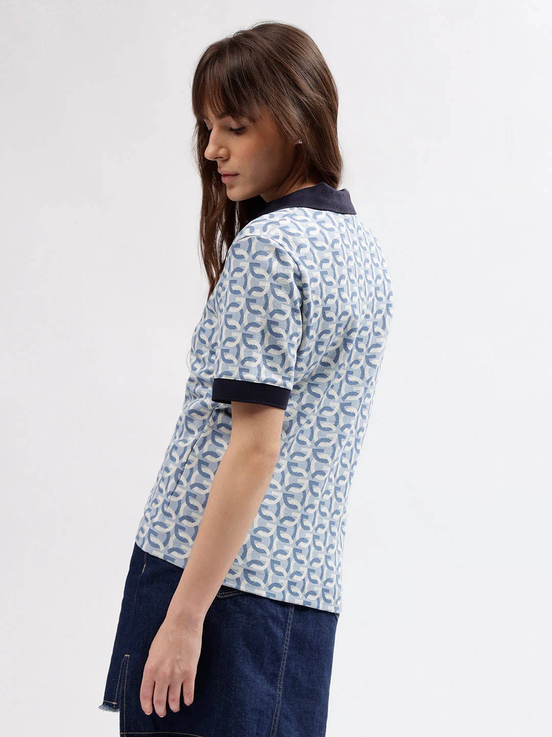 Gant Women Blue Printed Polo Collar Short Sleeves T-shirt - Image 3
