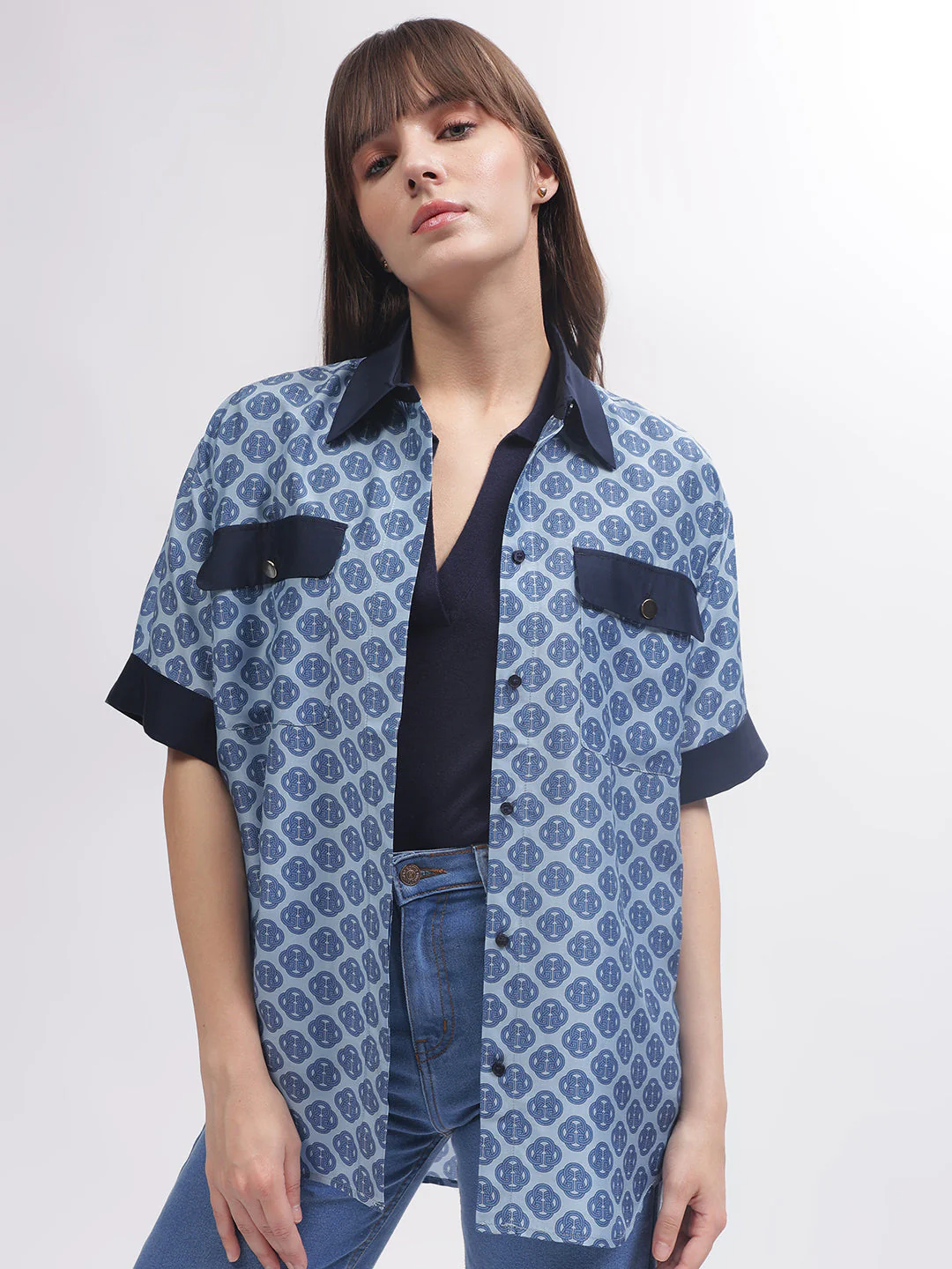 Gant Women Blue Printed Short Sleeves Shirt - Image 2