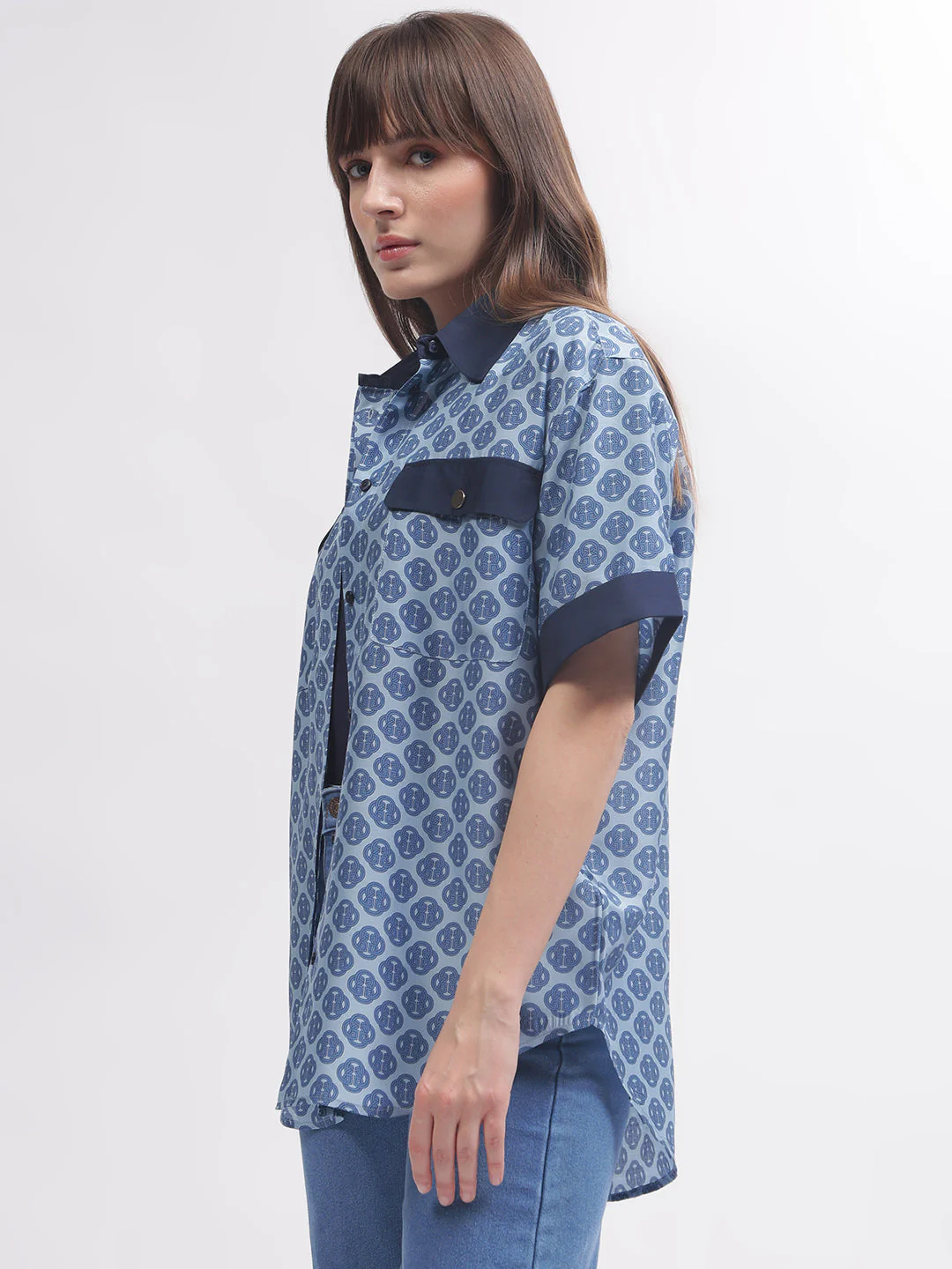 Gant Women Blue Printed Short Sleeves Shirt - Image 3