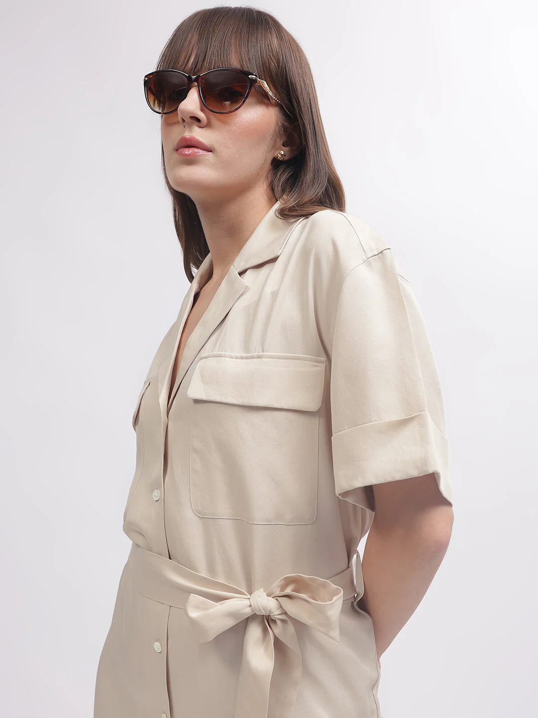 Gant Women Beige Solid Notched Lapel Short Sleeves Dress - Image 2