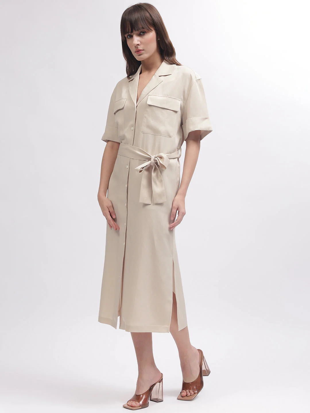 Gant Women Beige Solid Notched Lapel Short Sleeves Dress - Image 3