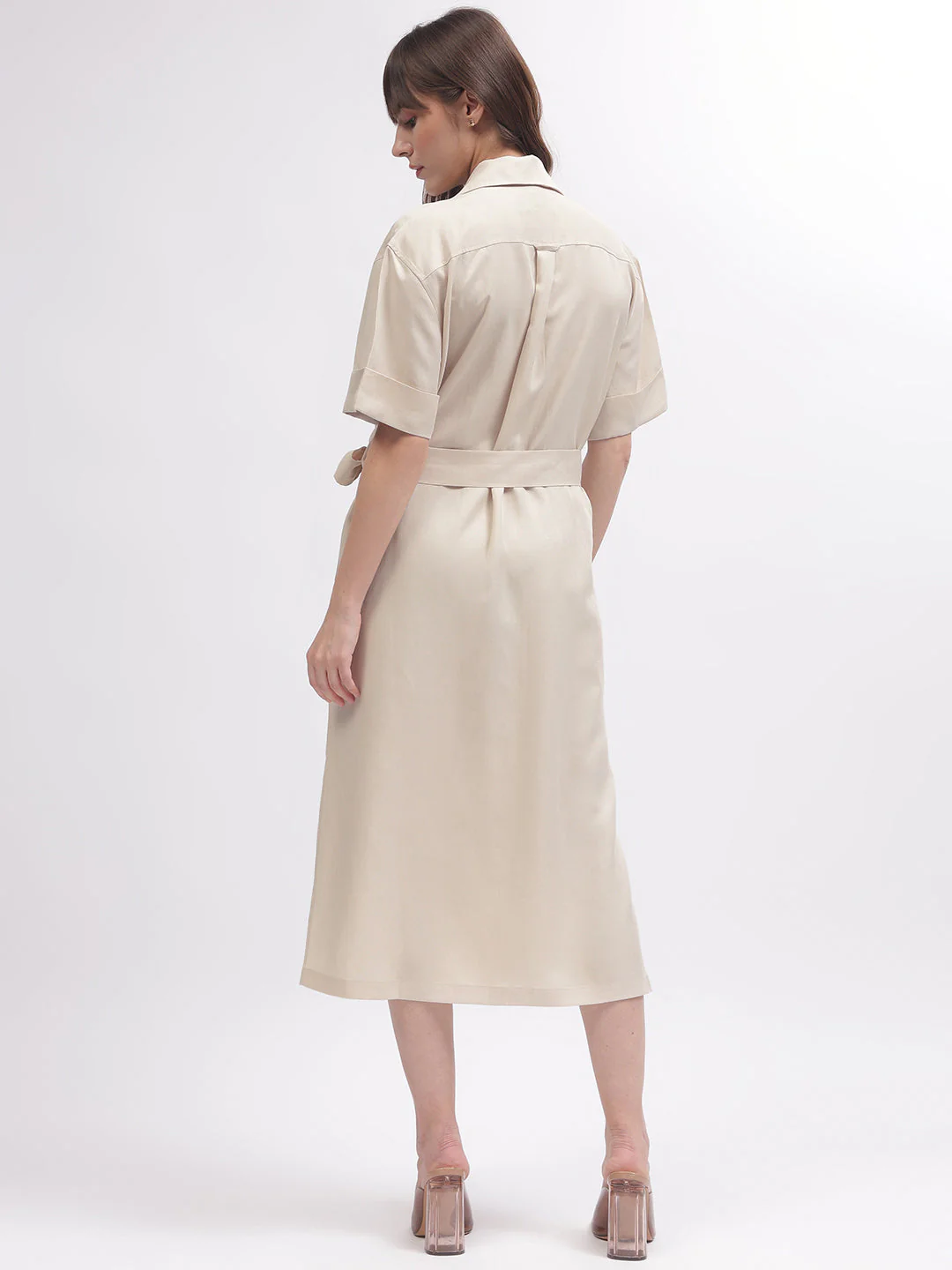 Gant Women Beige Solid Notched Lapel Short Sleeves Dress - Image 4
