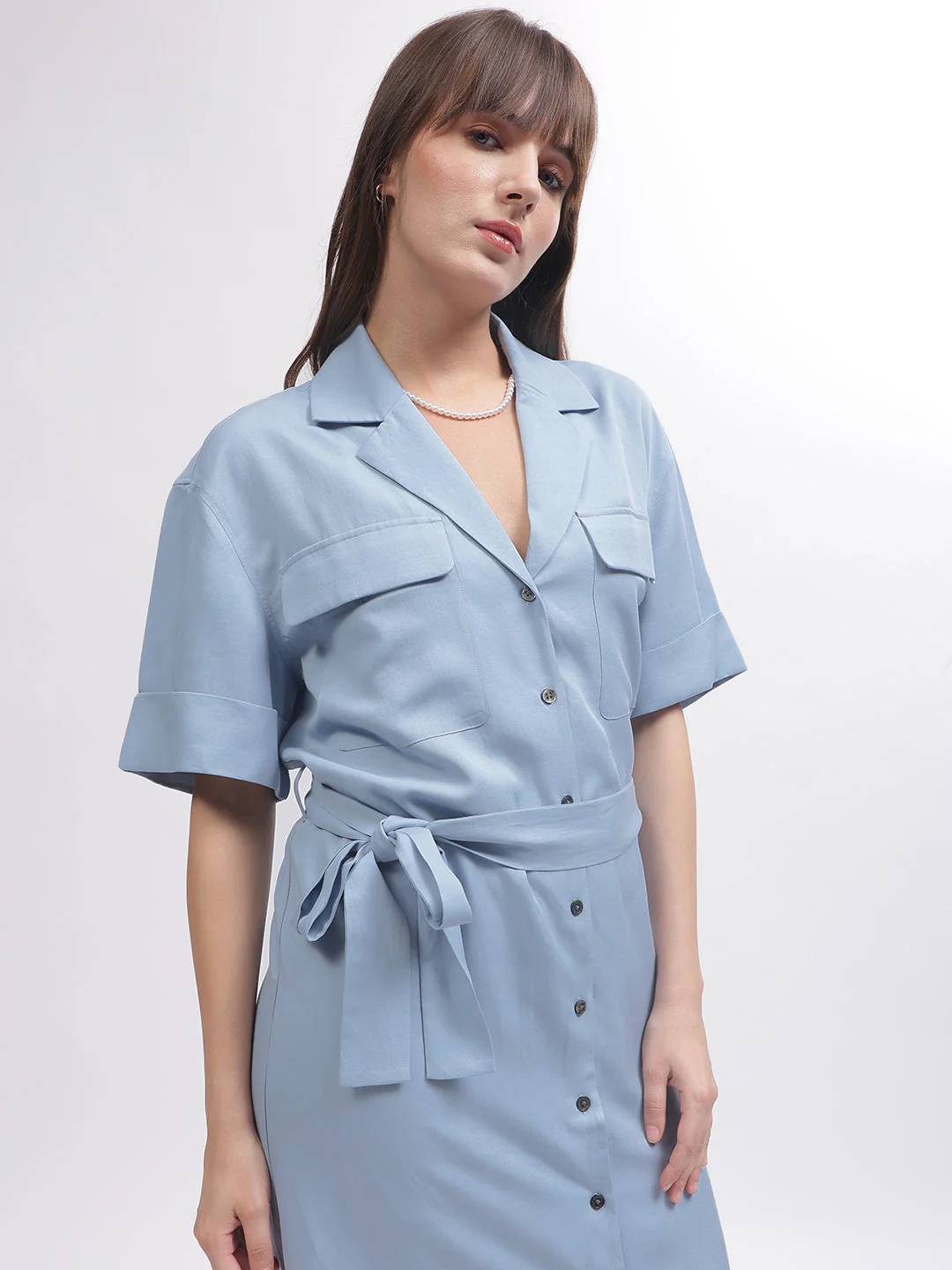 Gant Women Blue Solid Notched Lapel Short Sleeves Dress - Image 2
