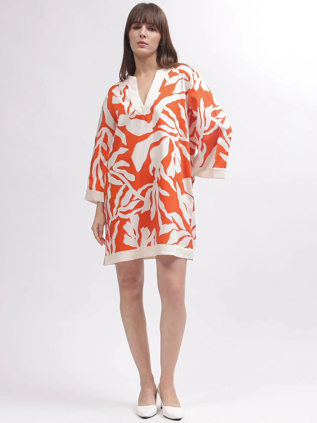 Gant Women Orange Printed V Neck 3/4th Sleeves Dress - Image 5