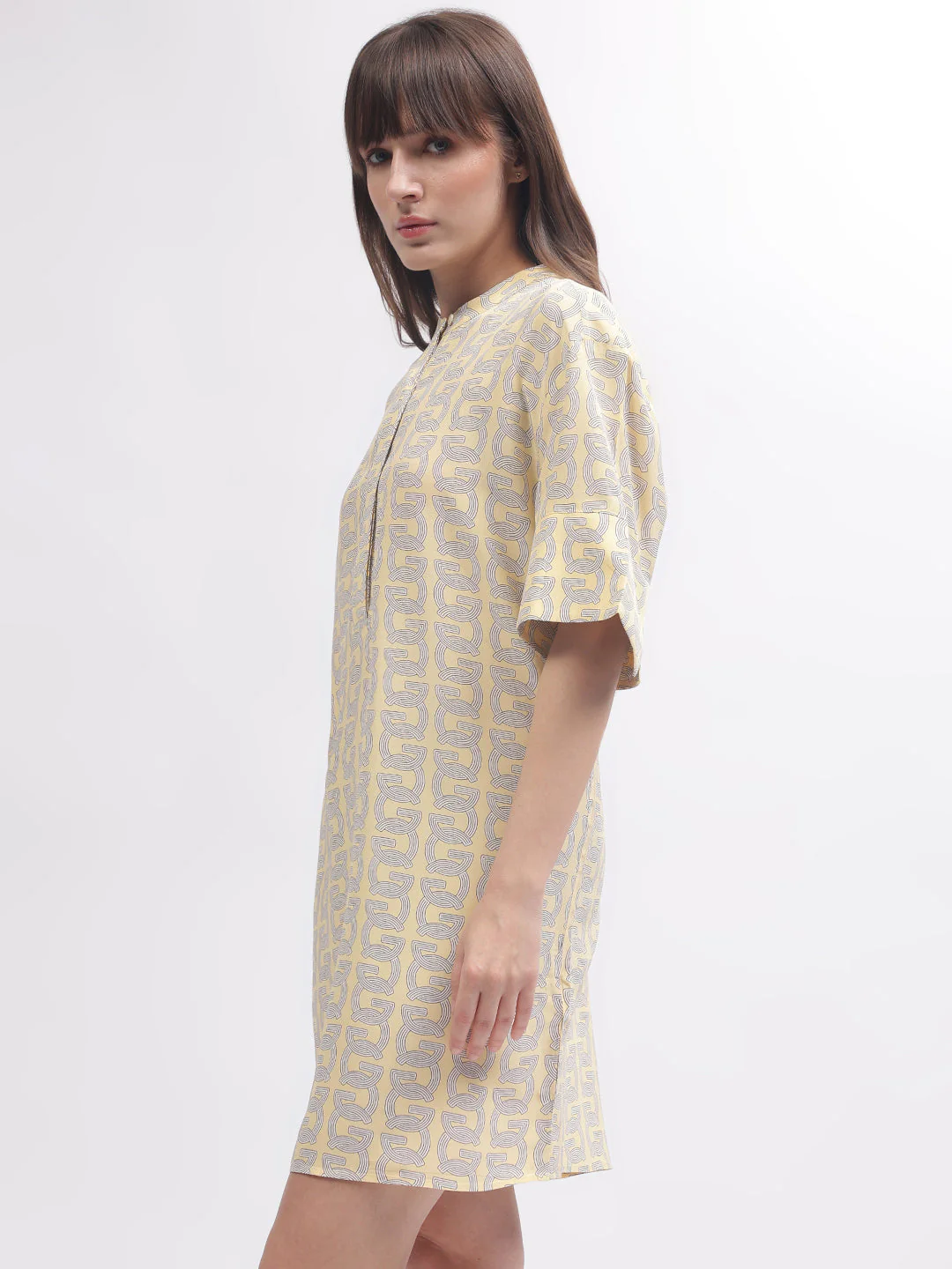 Gant Women Yellow Printed Band Collar Short Sleeves Dress - Image 3