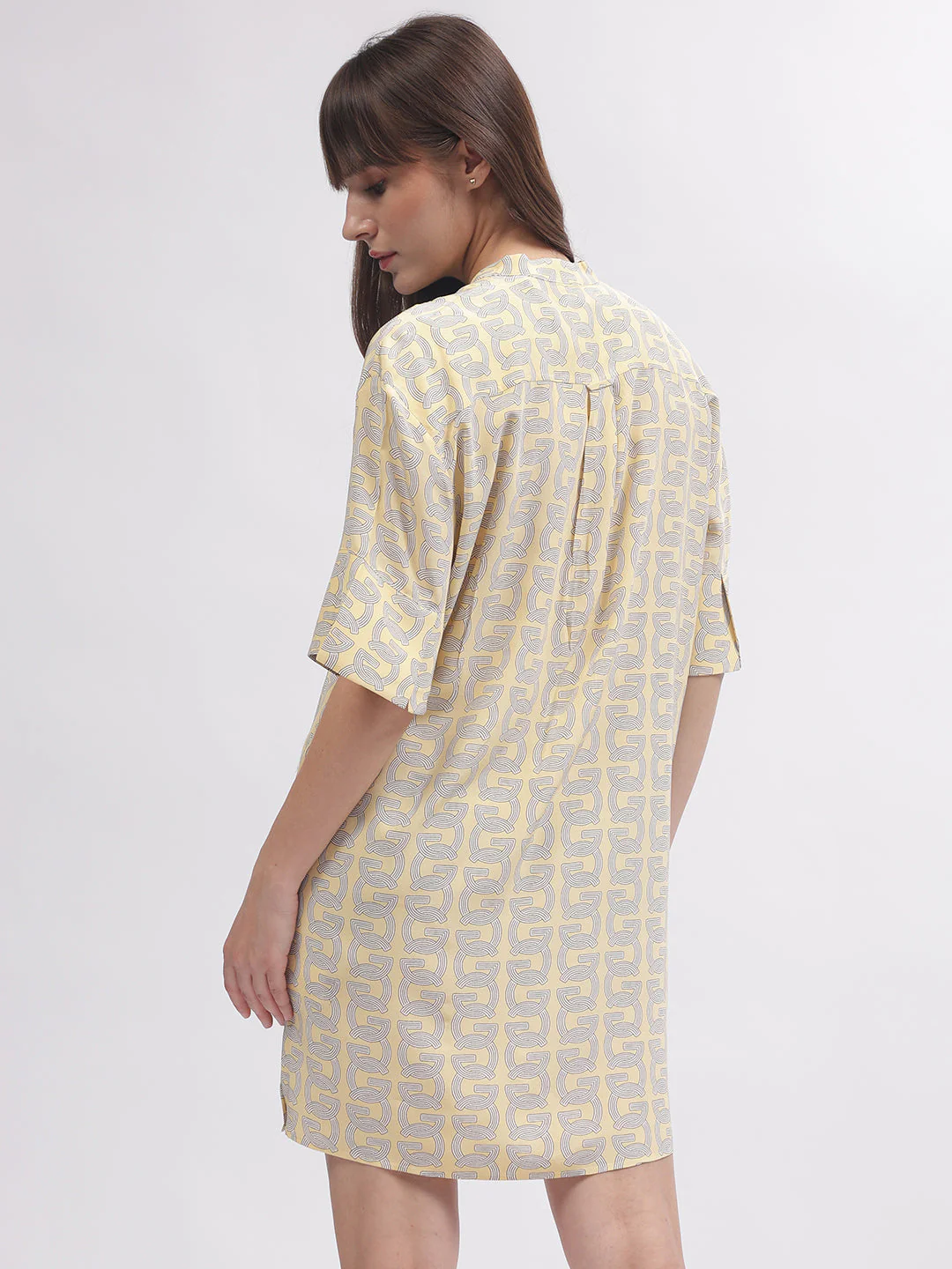 Gant Women Yellow Printed Band Collar Short Sleeves Dress - Image 4