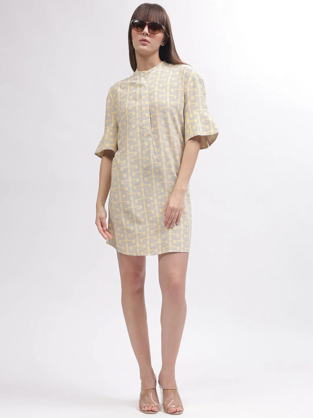 Gant Women Yellow Printed Band Collar Short Sleeves Dress - Image 5