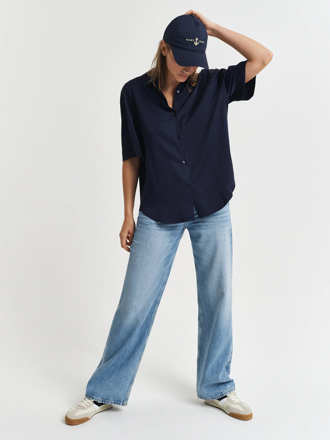 Gant Women Navy Blue Cuban Collar Short Sleeves Shirt - Image 3