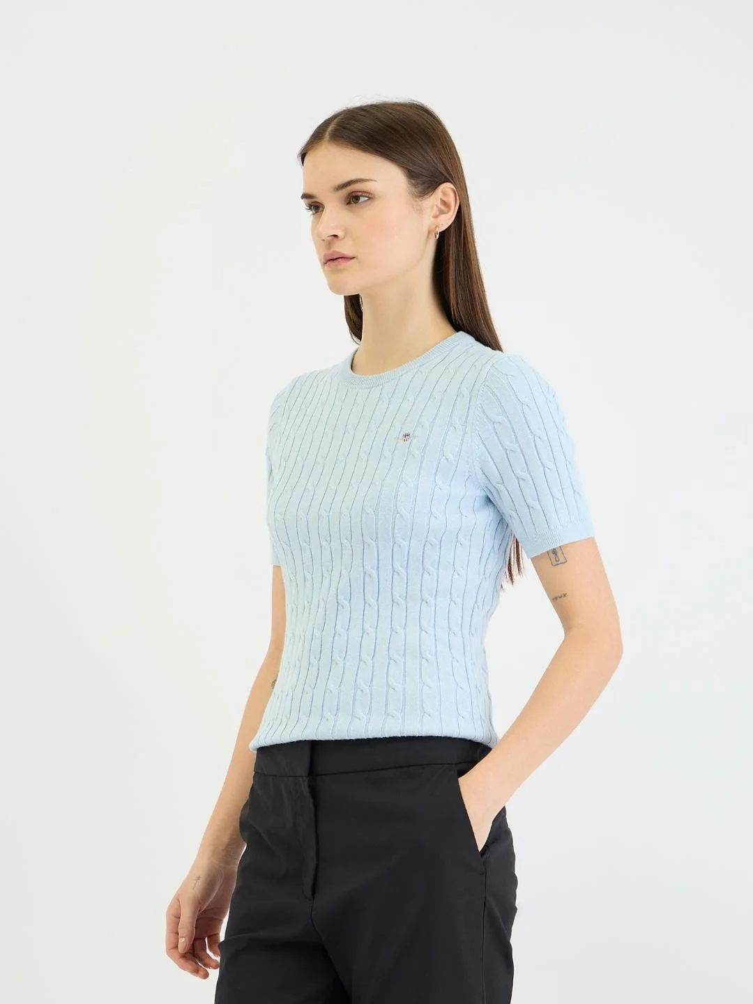 Gant Women Blue Solid Crew Neck Tshirt - Image 6