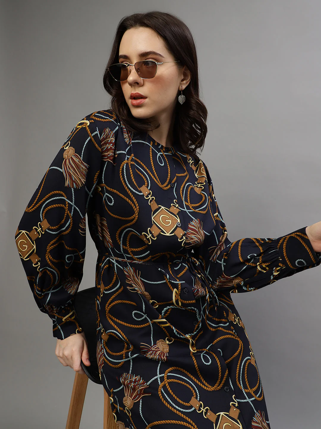 Gant Women Printed Round Neck Full Sleeves Dress
