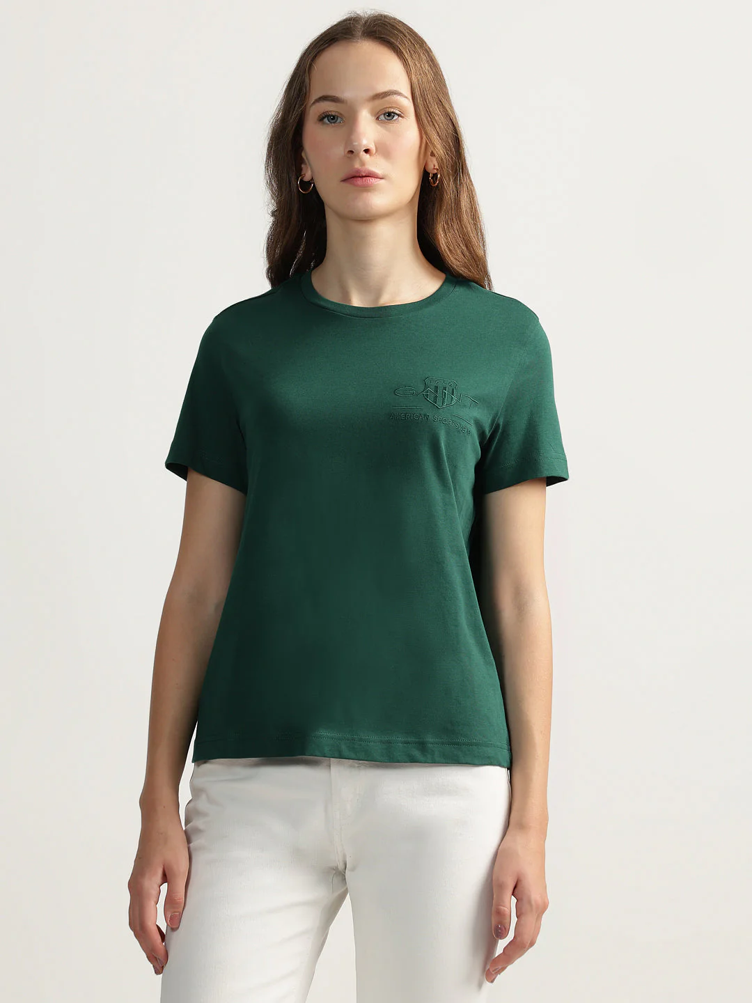Gant Women Green Solid Round Neck Short Sleeves T-shirt - Image 2