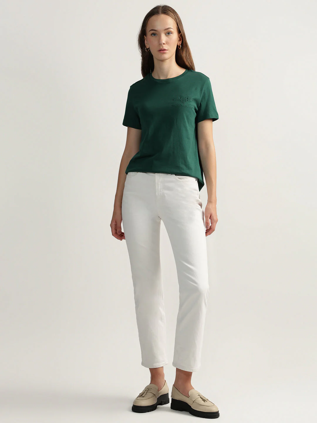 Gant Women Green Solid Round Neck Short Sleeves T-shirt - Image 4