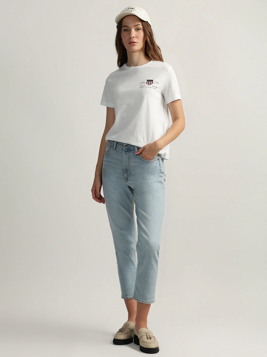Gant Women White Solid Round Neck Short Sleeves T-shirt - Image 3