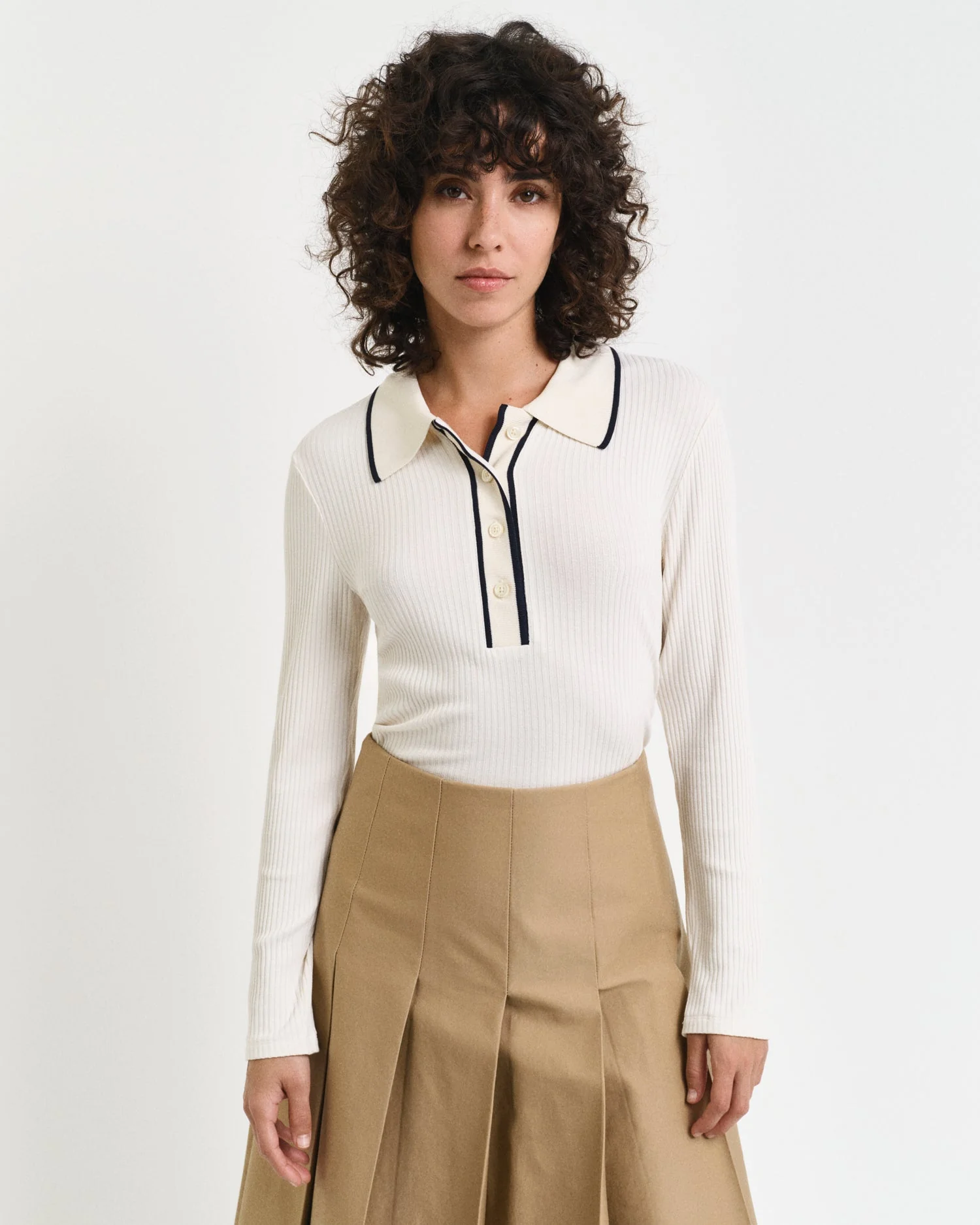 Gant Women Cream Solid Polo Neck Full Sleeves T-Shirt
