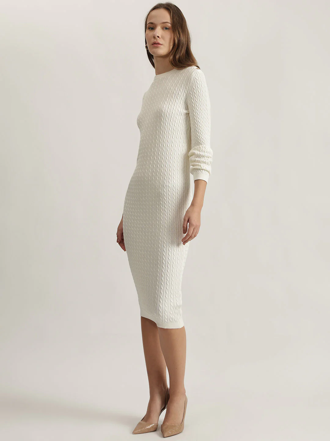 Gant Women Cream Solid Round Neck Full Sleeves Winter Dress - Image 2