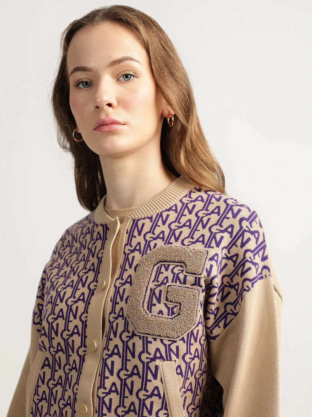 Gant Women Khaki Printed Round Neck Full Sleeves Jacket - Image 5