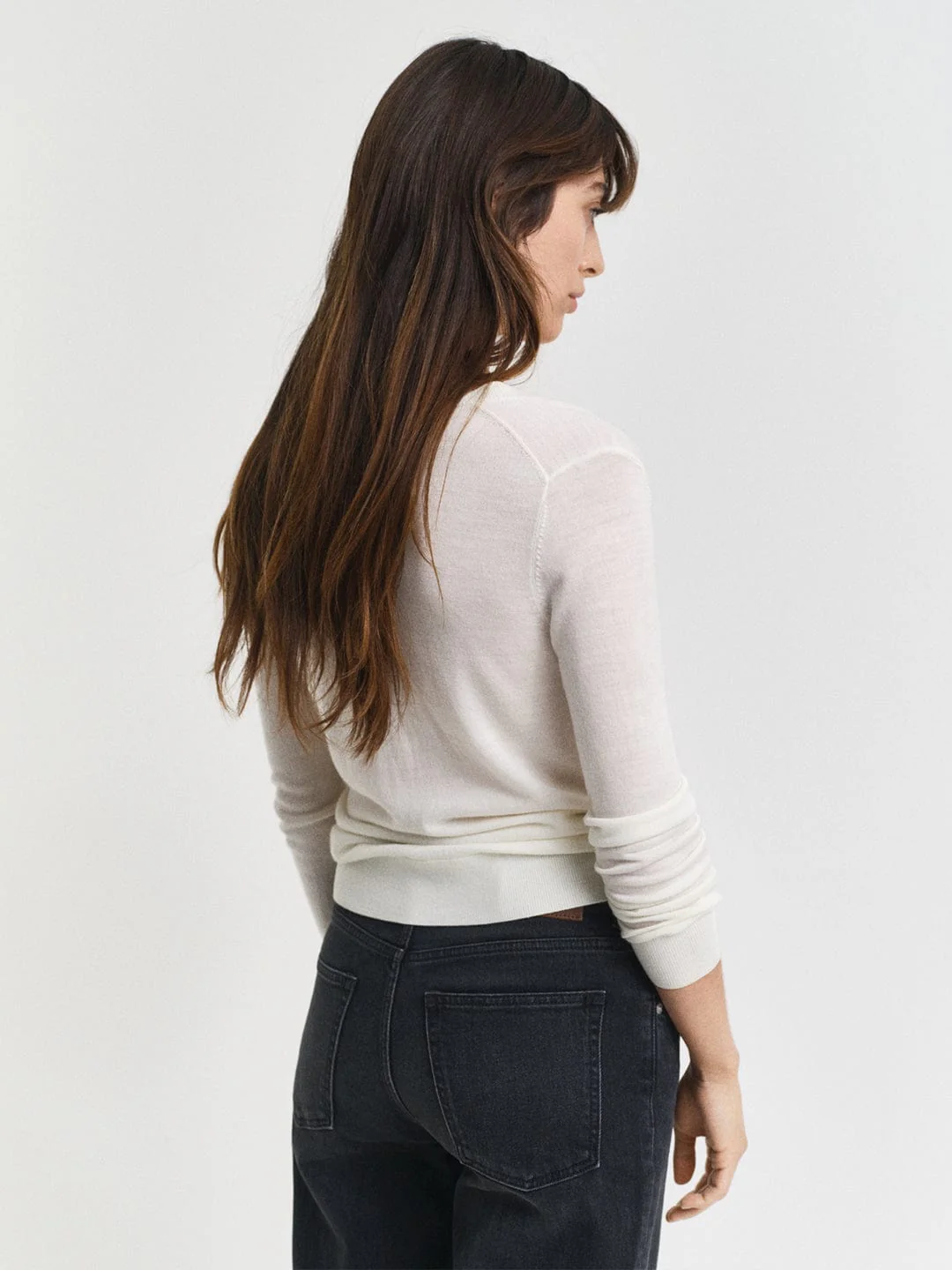 Gant Women Cream Solid V Neck Sweater - Image 5