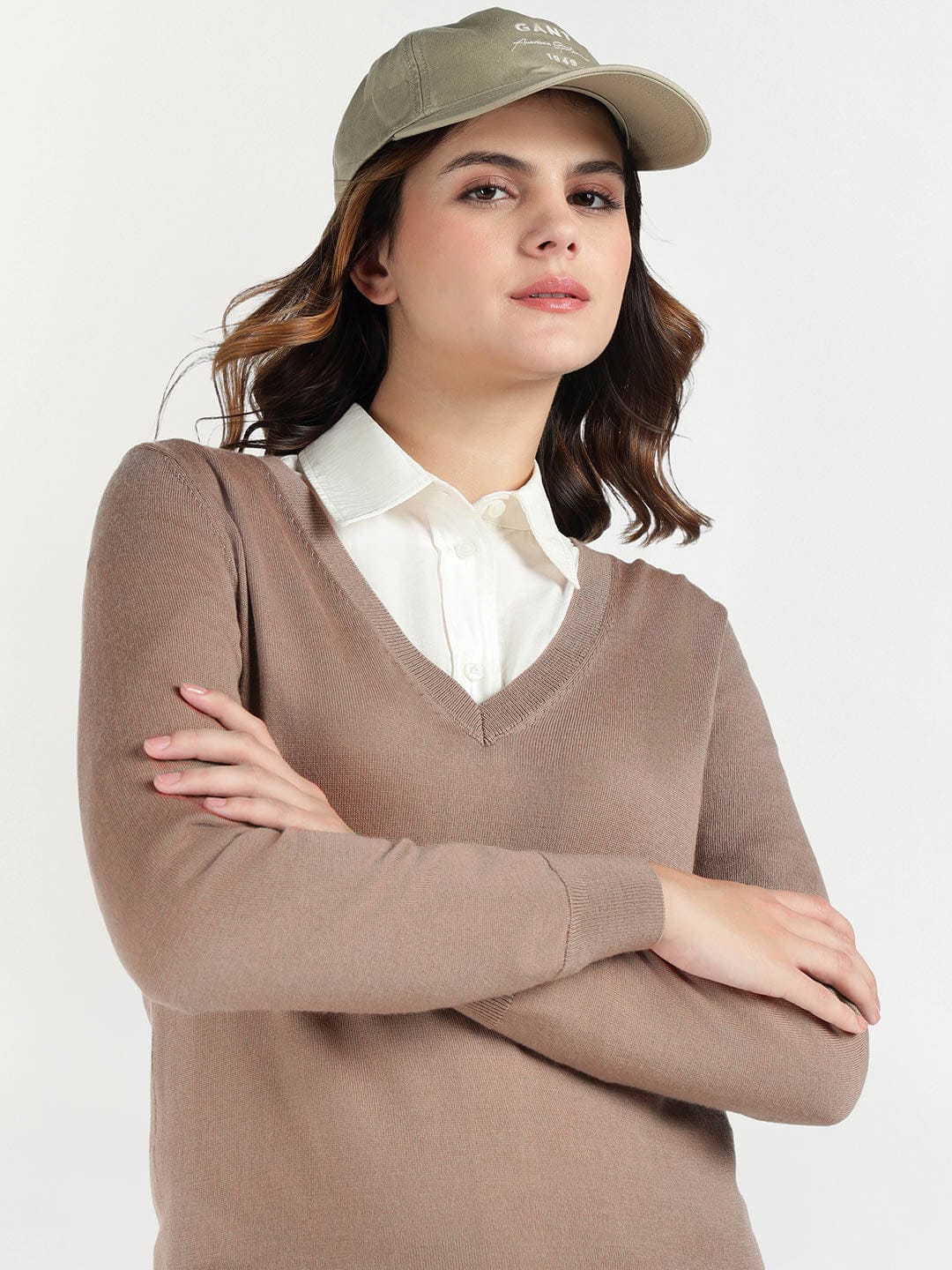 Gant Women Beige Solid V Neck Sweater - Image 4