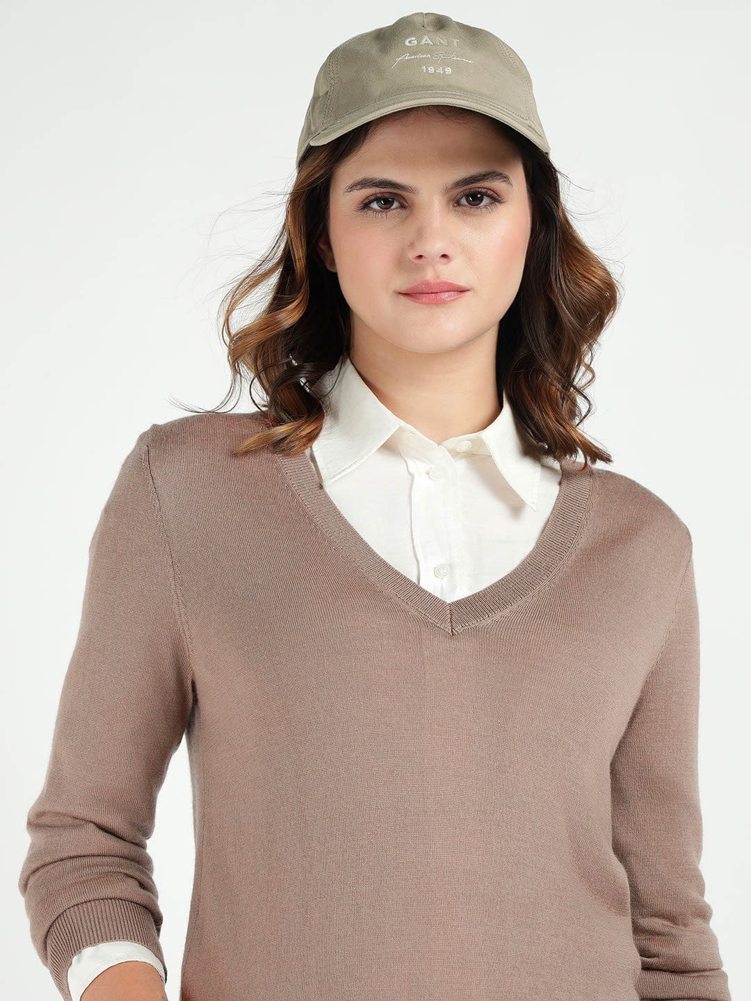 Gant Women Beige Solid V Neck Sweater - Image 5