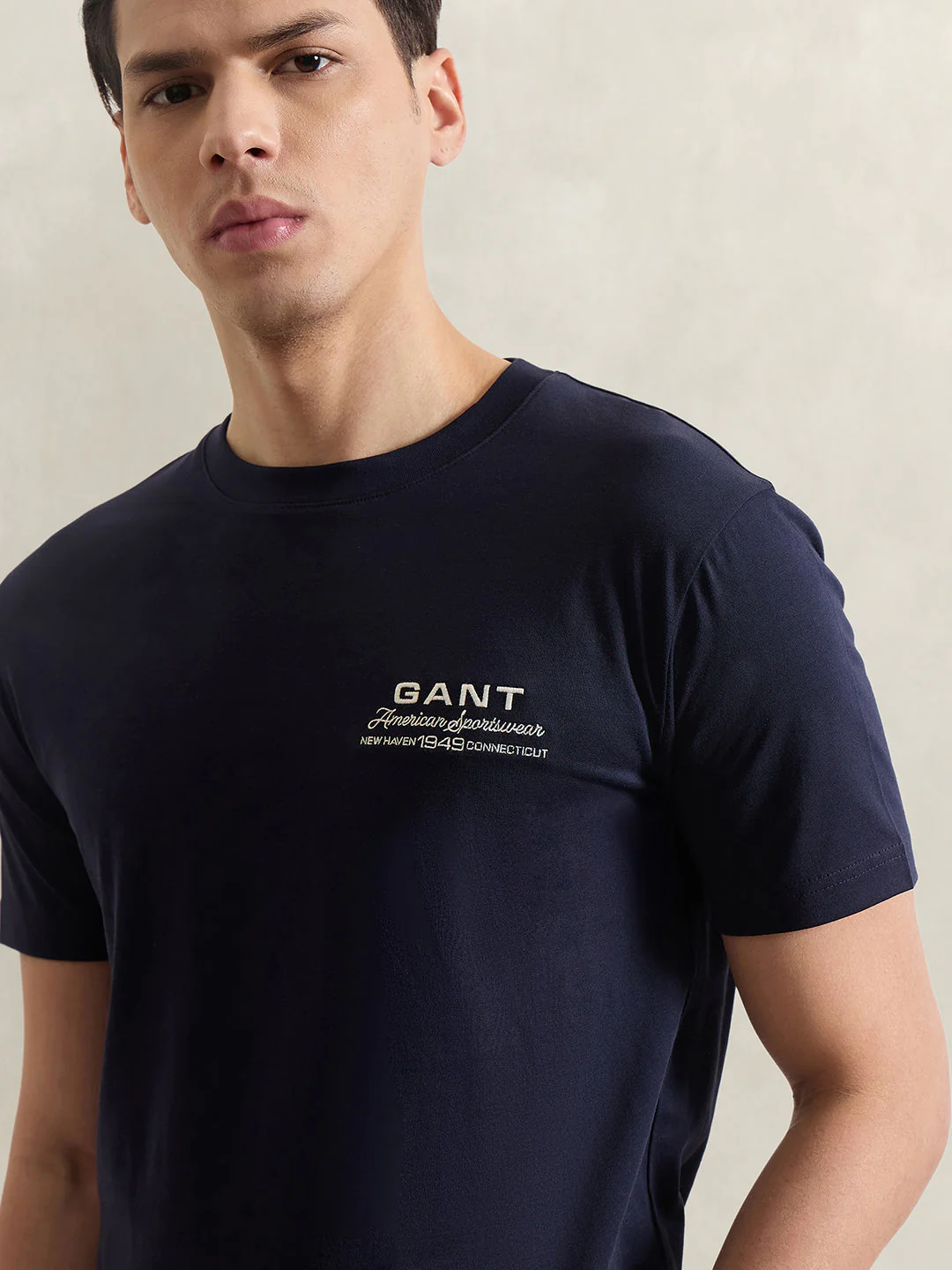 Gant Men Navy Blue Solid Regular Fit Pure Cotton T-Shirt - Image 3