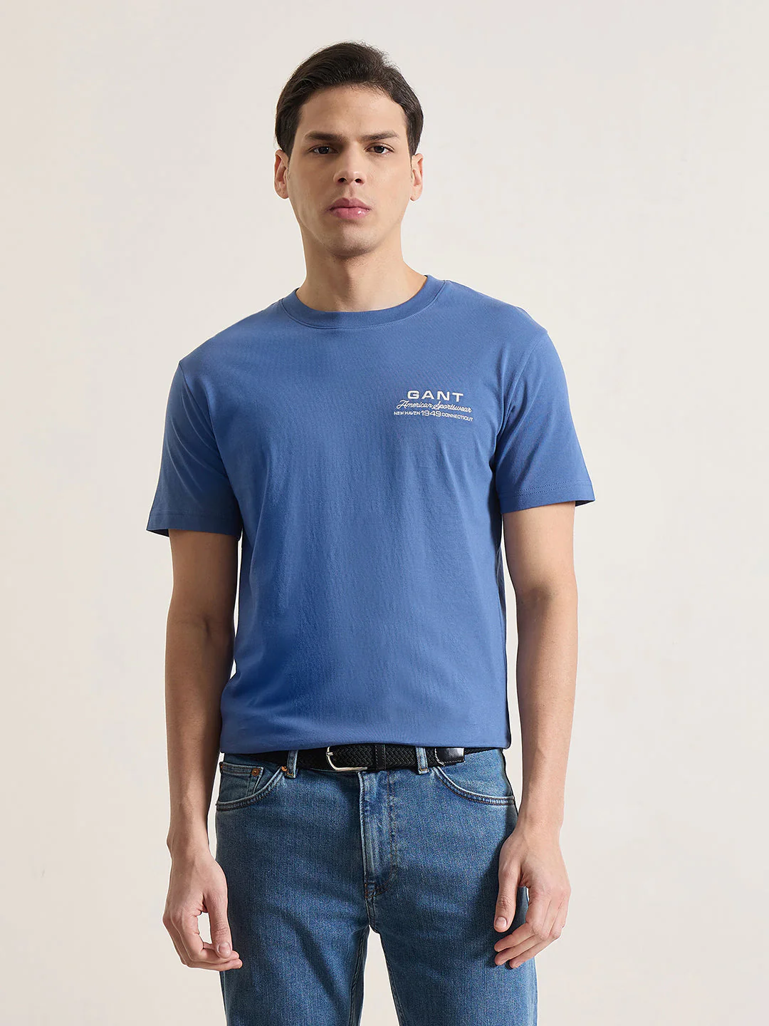 Gant Men Blue Solid Regular Fit Pure Cotton T-Shirt