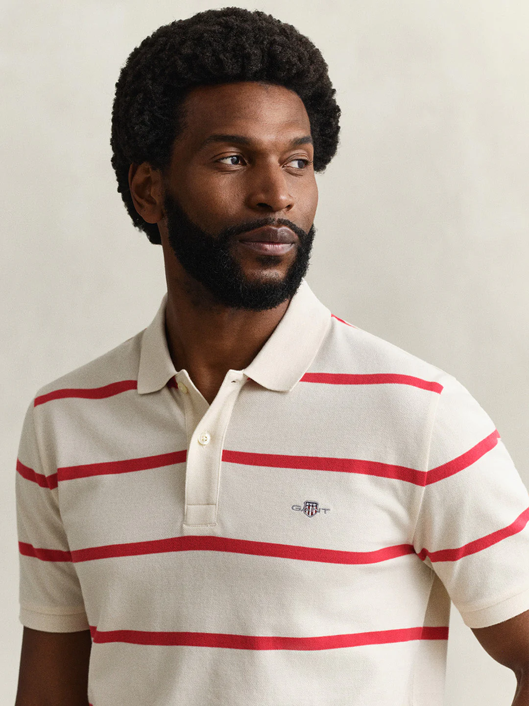 Gant Men Cream Striped Regular Fit Polo T-Shirt - Image 2