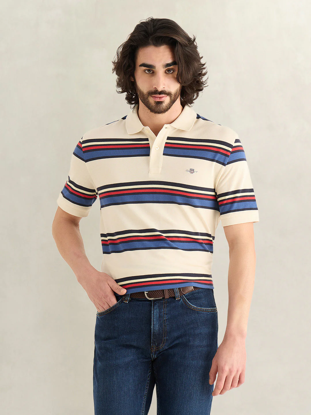 Gant Men Cream Striped Regular Fit Polo T-Shirt