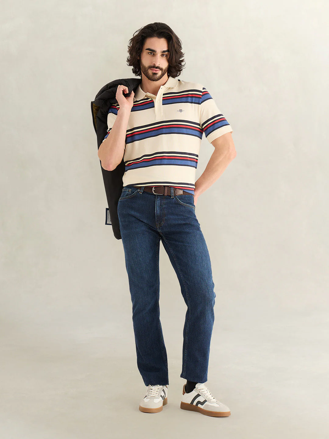 Gant Men Cream Striped Regular Fit Polo T-Shirt - Image 3