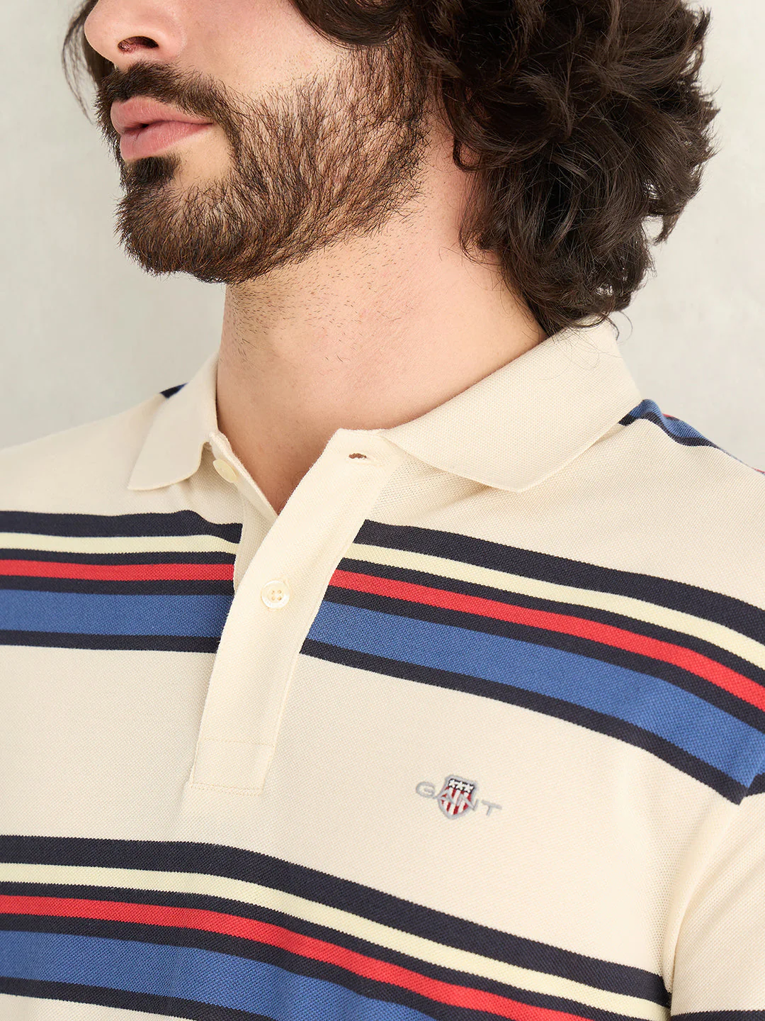 Gant Men Cream Striped Regular Fit Polo T-Shirt - Image 4