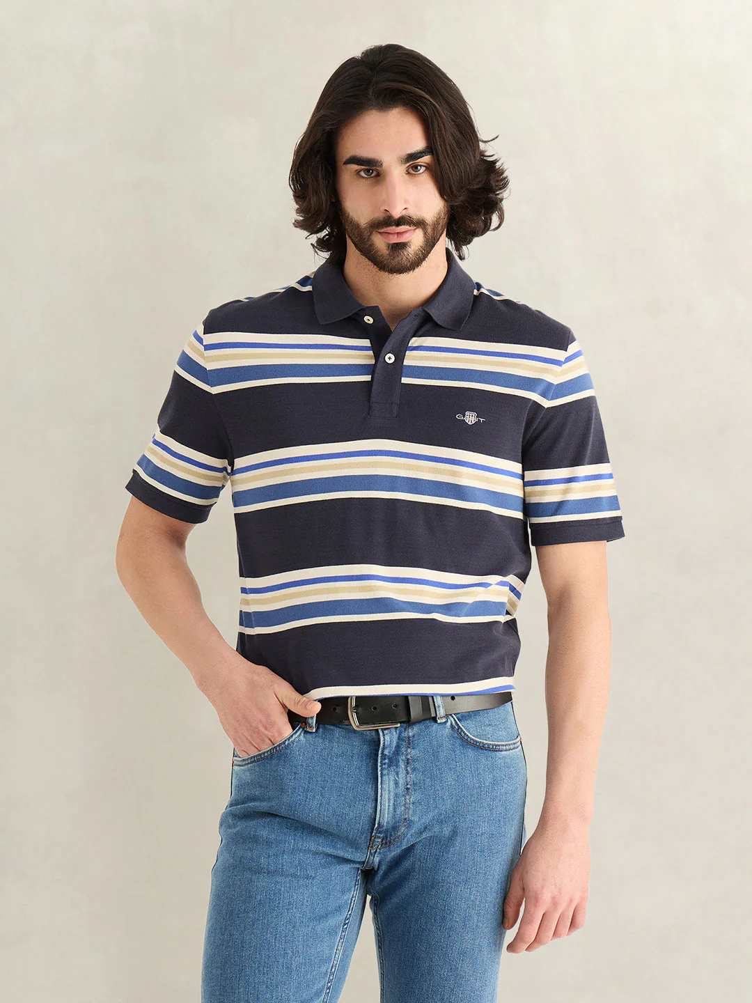Gant Men Navy Blue Striped Regular Fit Polo T-Shirt